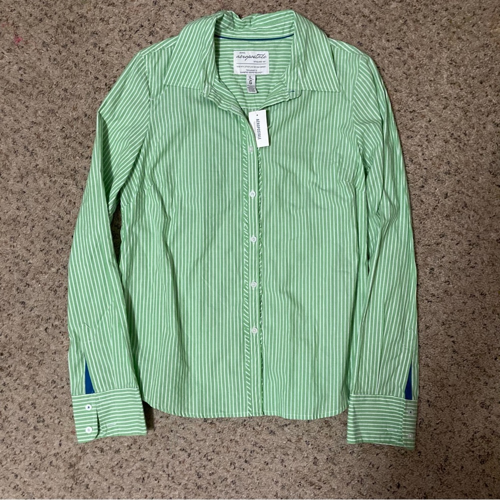 Aeropostale thin stripe button down shirt lime green & white ruffle long sleeve